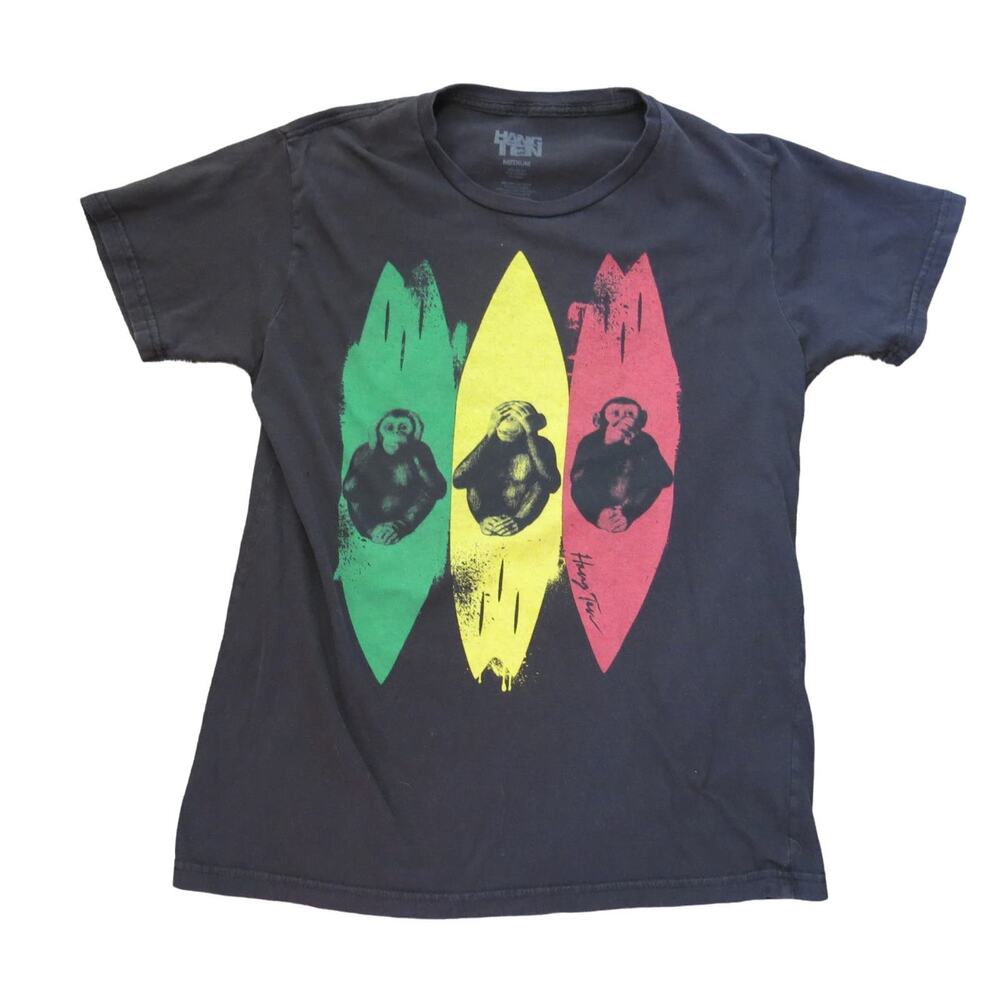 HANG TEN Monkeys Surfing T Shirt Size M Men's Black Surfboard Wise Monkeys